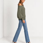 Khaki Off Shoulder Jumper Ribbed Knit Batwing Sweater with Boat Neck