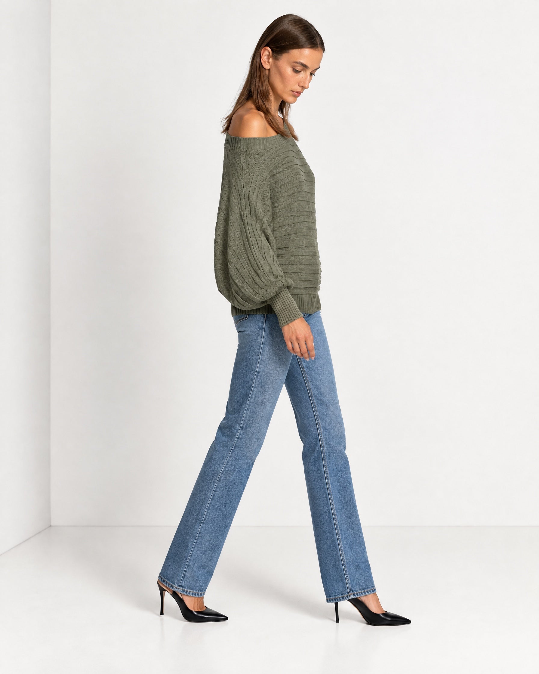 Khaki Off Shoulder Jumper Ribbed Knit Batwing Sweater with Boat Neck
