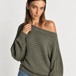 Khaki Off Shoulder Jumper Ribbed Knit Batwing Sweater with Boat Neck