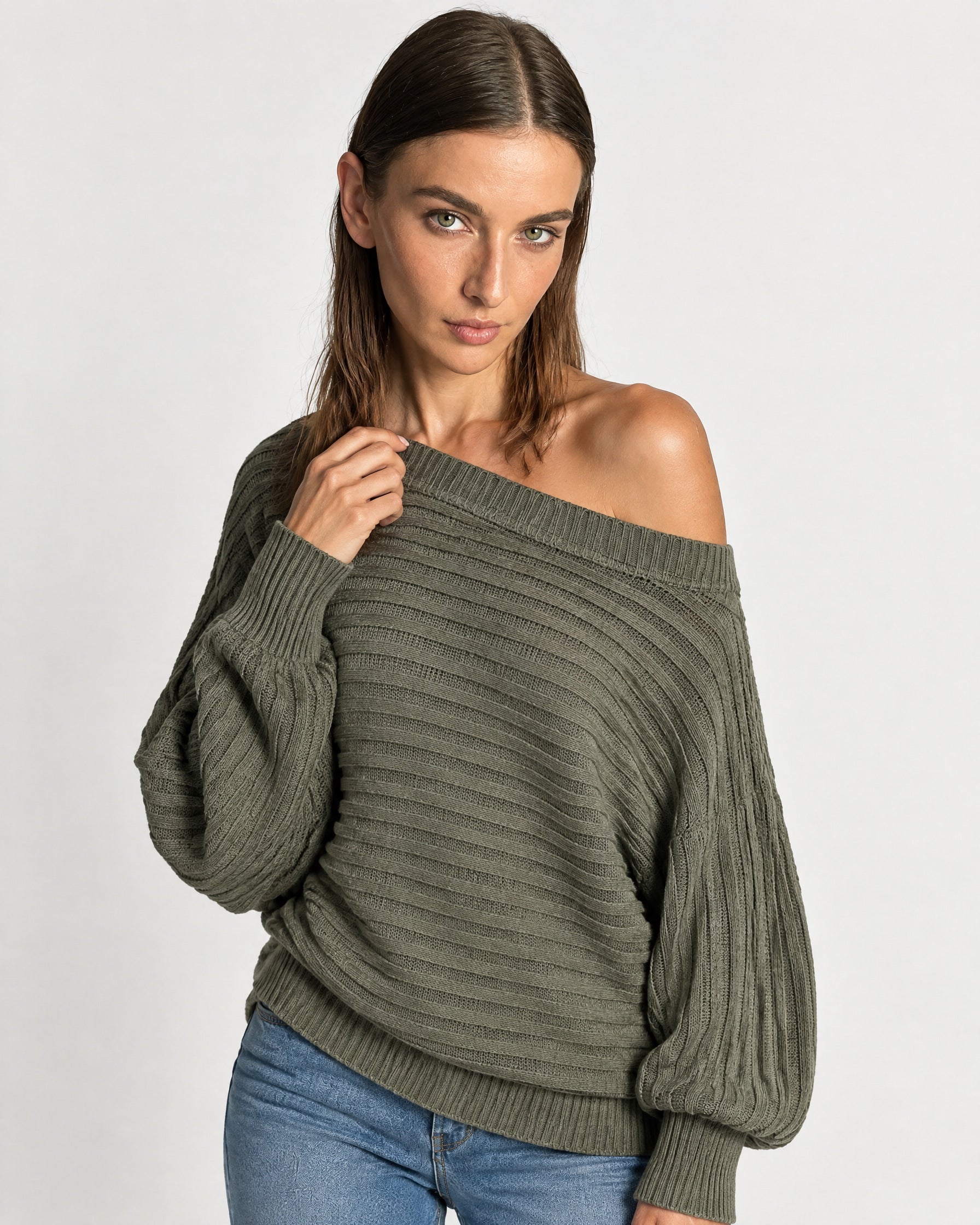 Khaki Off Shoulder Jumper Ribbed Knit Batwing Sweater with Boat Neck