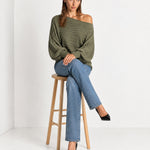 Khaki Off Shoulder Jumper Ribbed Knit Batwing Sweater with Boat Neck