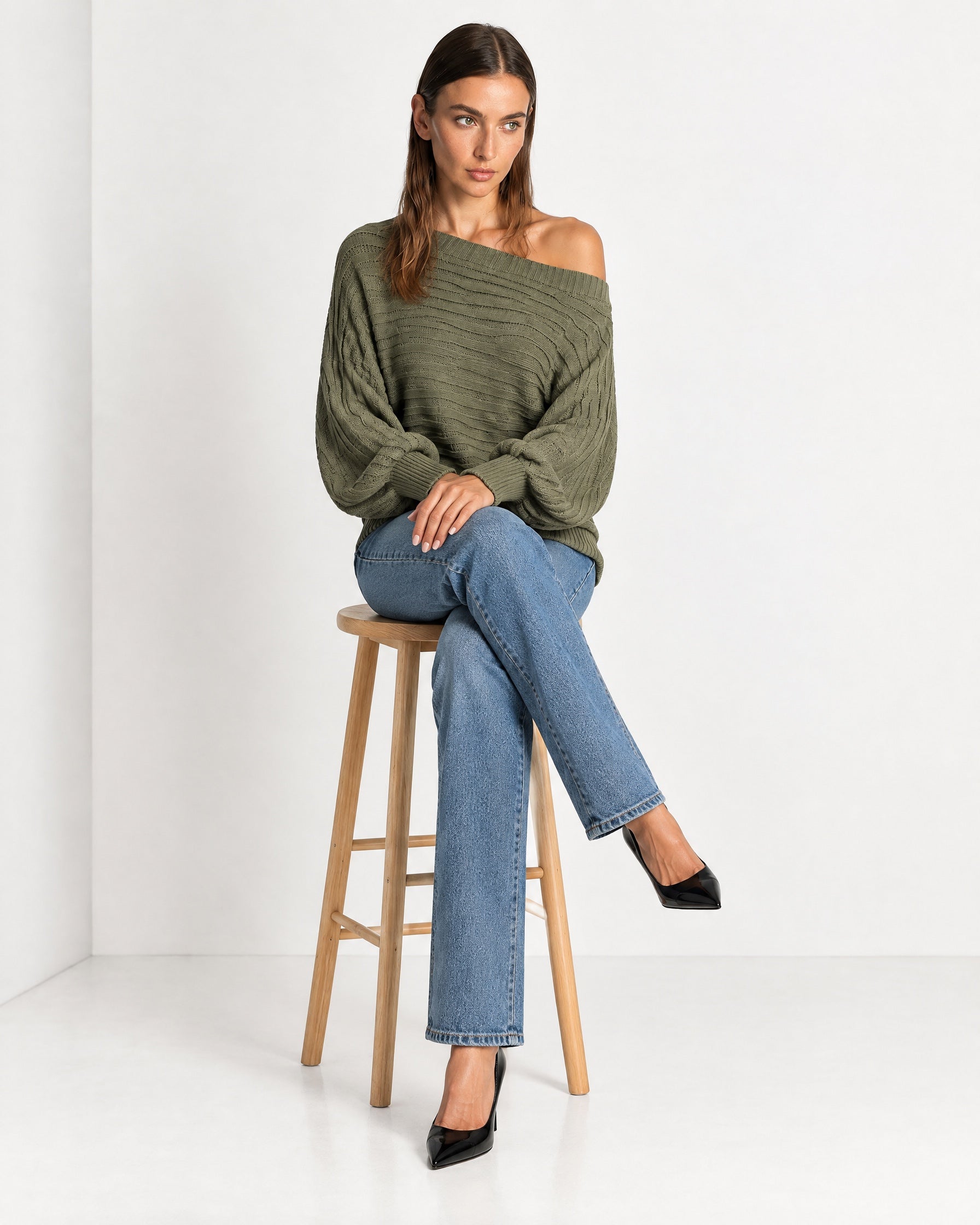 Khaki Off Shoulder Jumper Ribbed Knit Batwing Sweater with Boat Neck