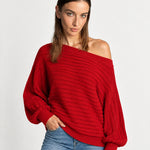 Red Off Shoulder Jumper Ribbed Knit Batwing Sweater with Boat Neck