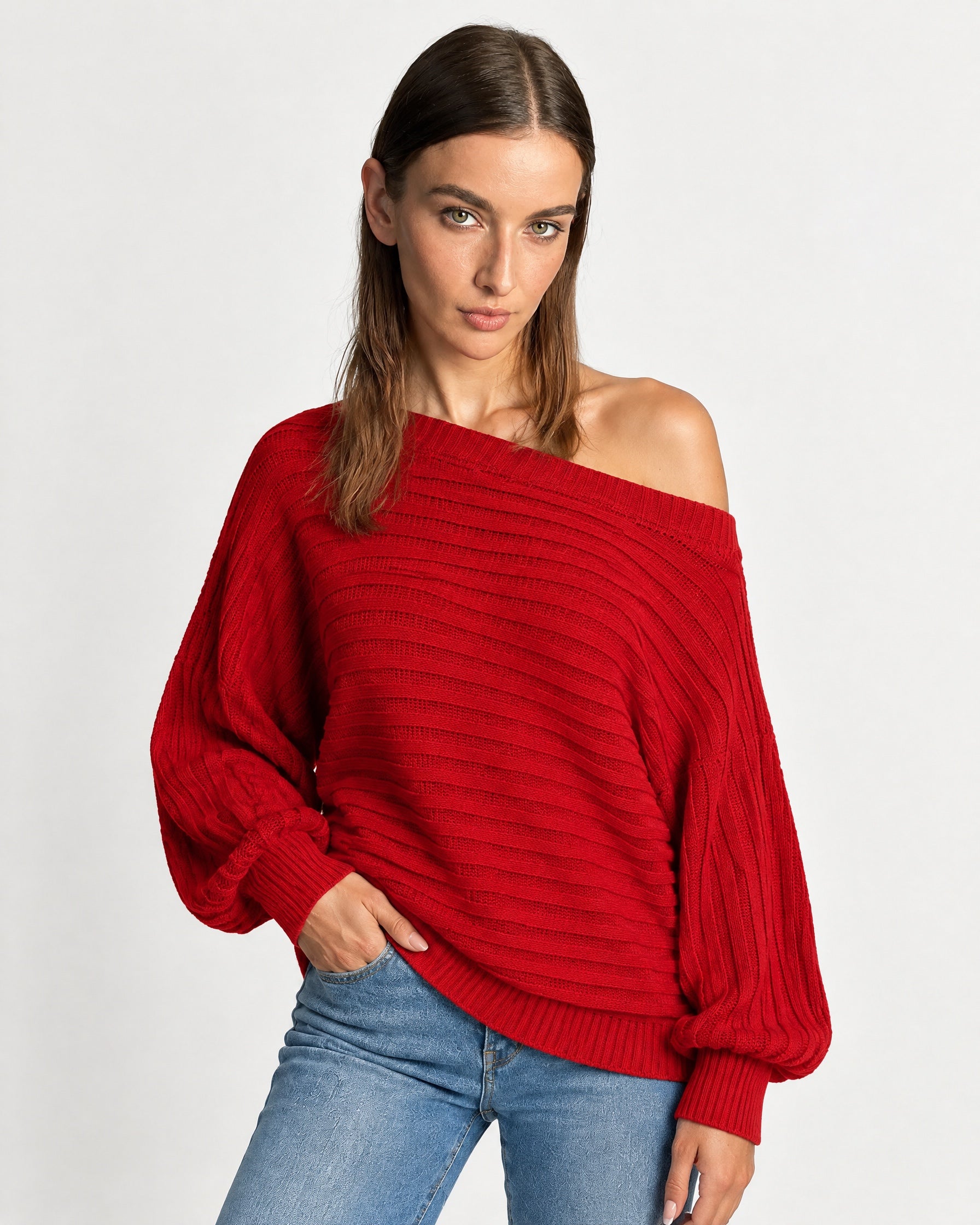 Red Off Shoulder Jumper Ribbed Knit Batwing Sweater with Boat Neck