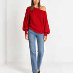 Red Off Shoulder Jumper Ribbed Knit Batwing Sweater with Boat Neck