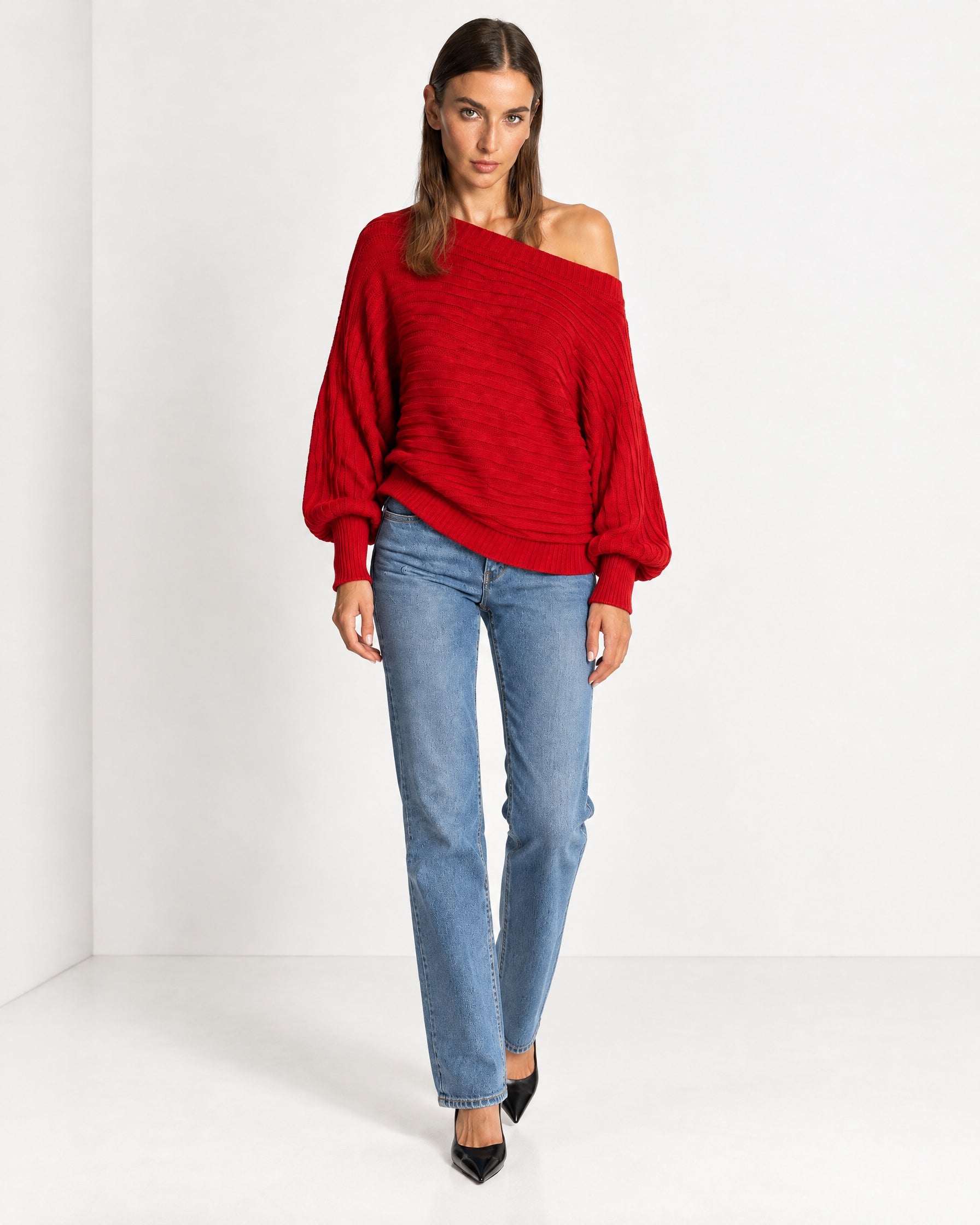 Red Off Shoulder Jumper Ribbed Knit Batwing Sweater with Boat Neck