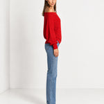 Red Off Shoulder Jumper Ribbed Knit Batwing Sweater with Boat Neck