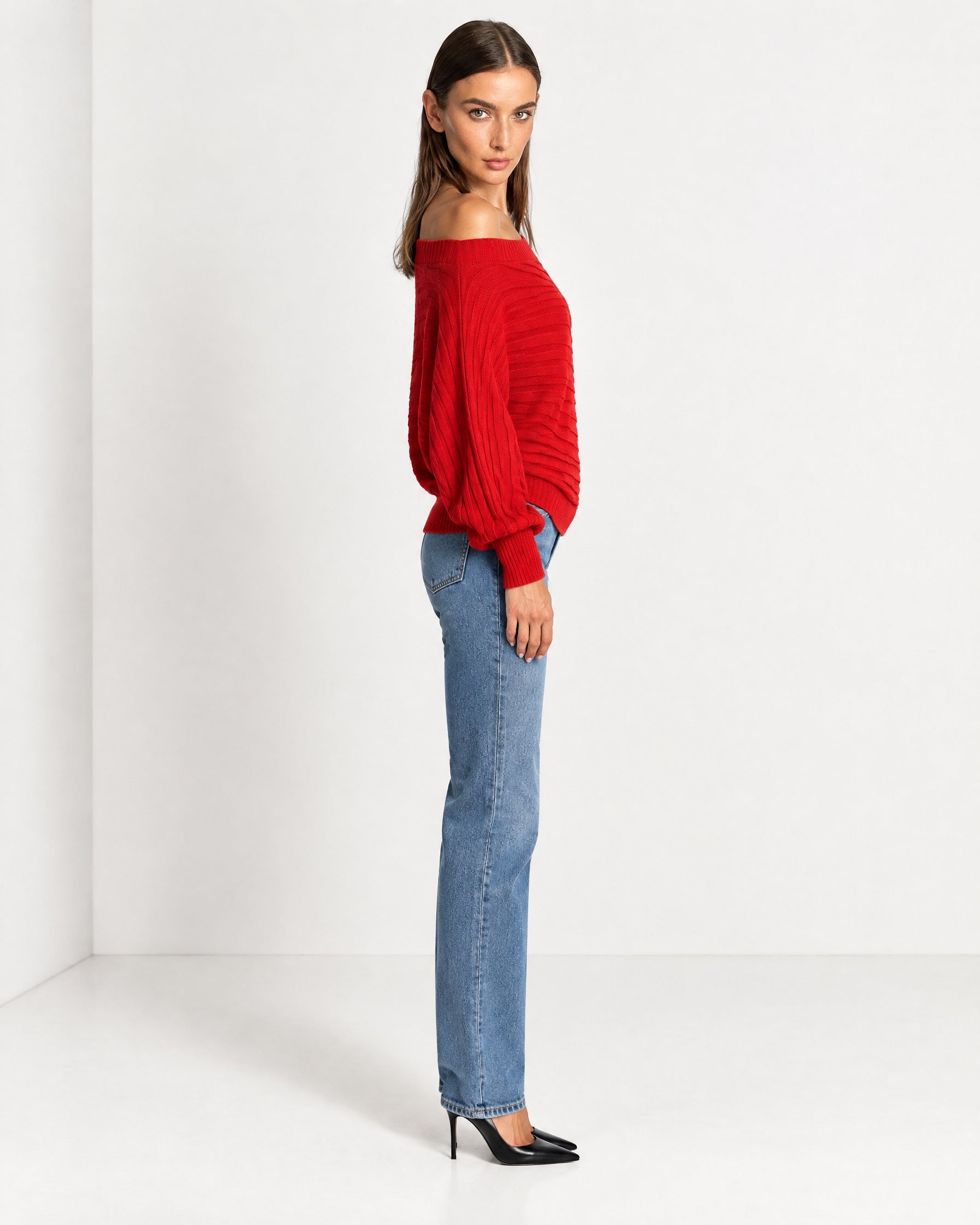 Red Off Shoulder Jumper Ribbed Knit Batwing Sweater with Boat Neck