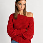 Red Off Shoulder Jumper Ribbed Knit Batwing Sweater with Boat Neck