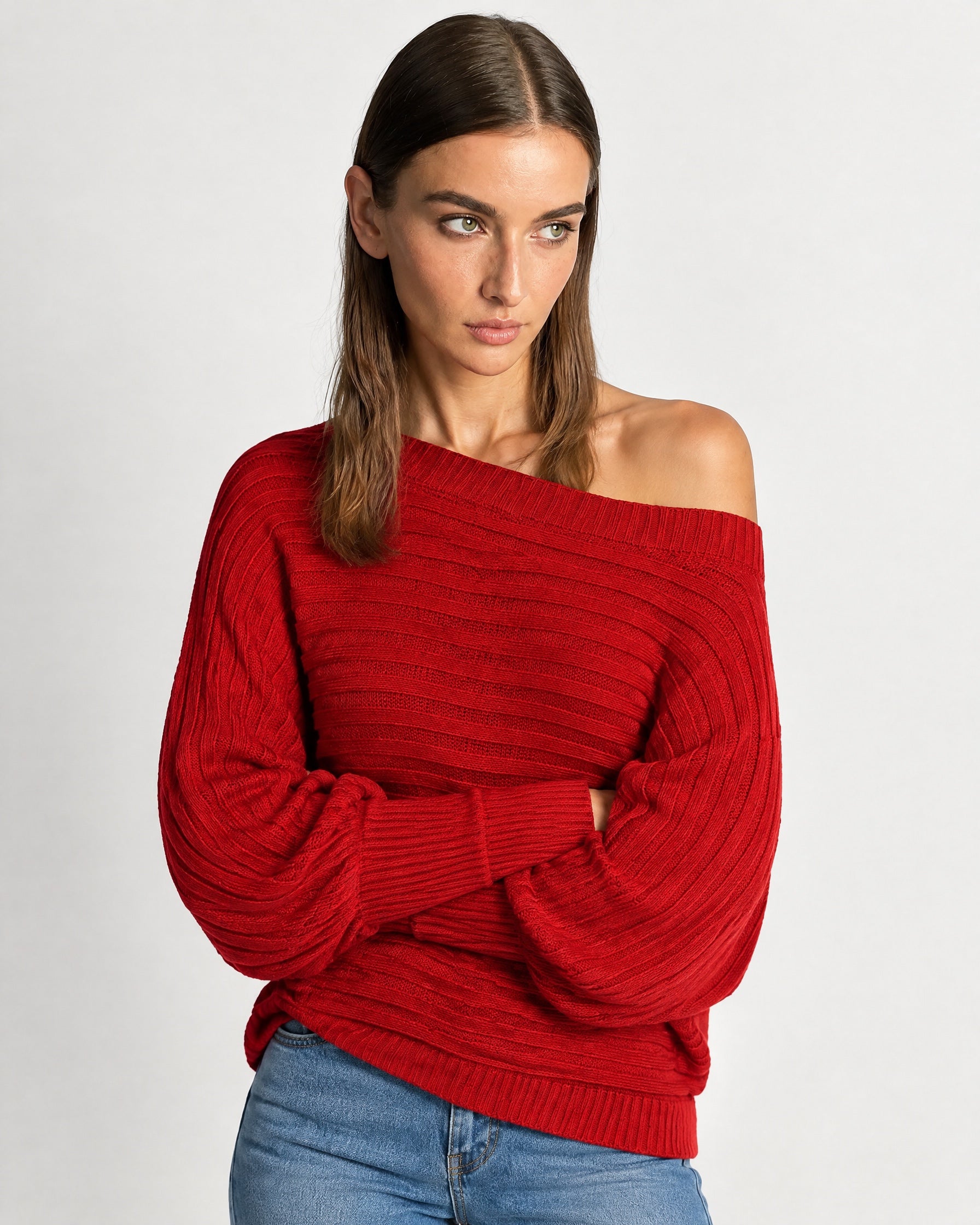 Red Off Shoulder Jumper Ribbed Knit Batwing Sweater with Boat Neck