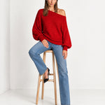Red Off Shoulder Jumper Ribbed Knit Batwing Sweater with Boat Neck