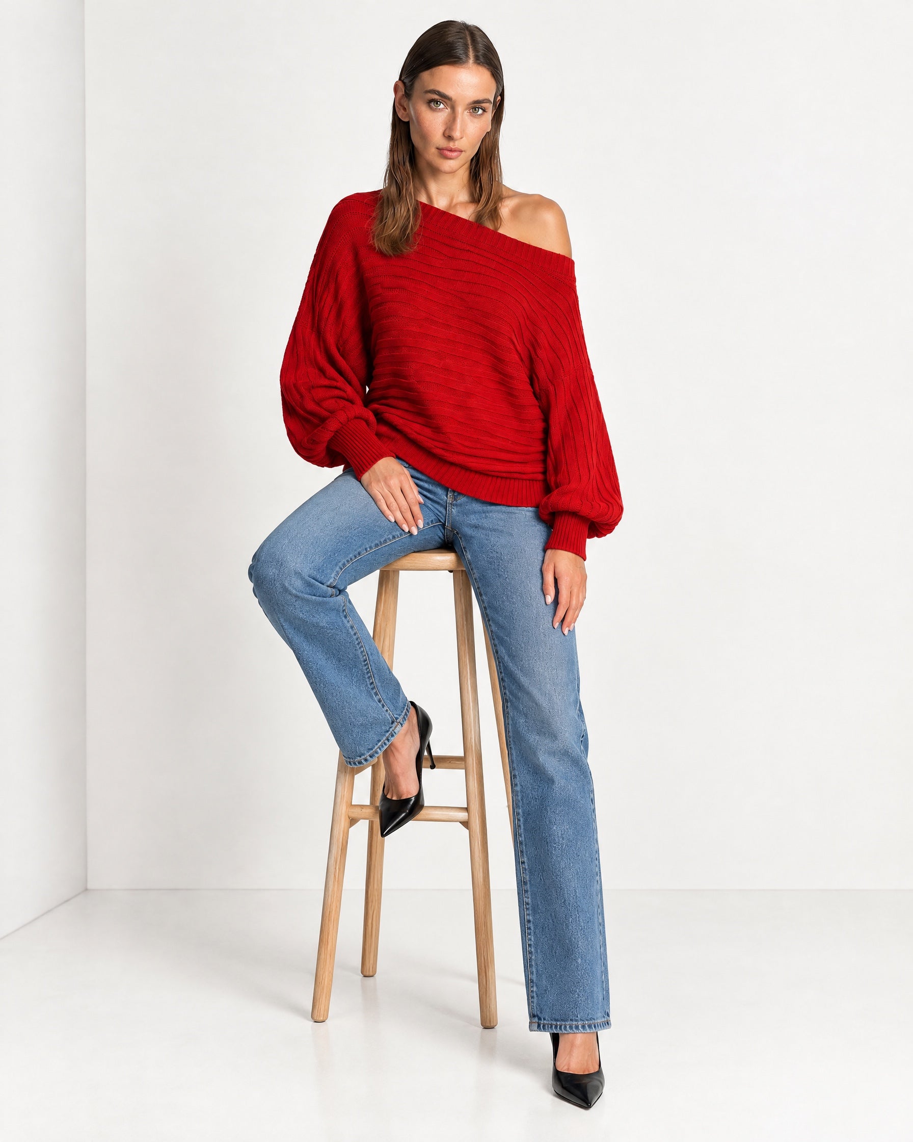 Red Off Shoulder Jumper Ribbed Knit Batwing Sweater with Boat Neck