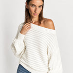 White Off Shoulder Jumper Ribbed Knit Batwing Sweater with Boat Neck