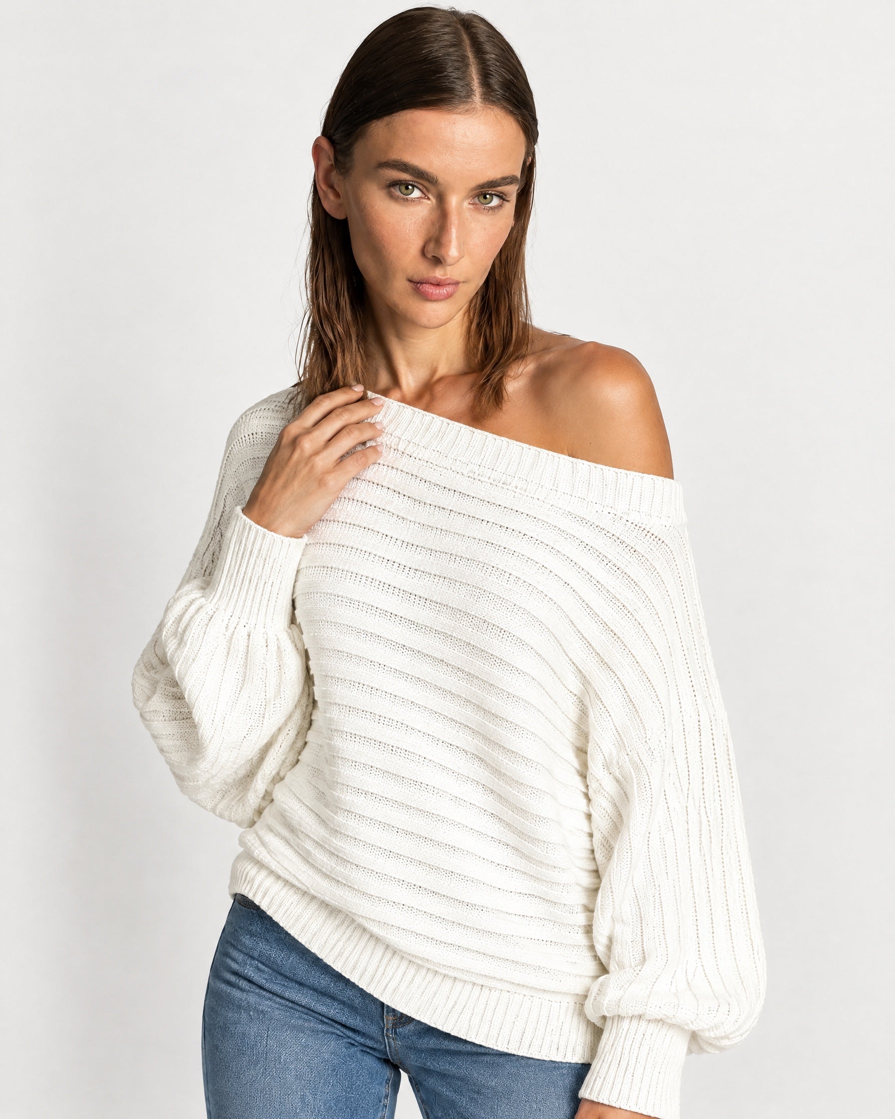 White Off Shoulder Jumper Ribbed Knit Batwing Sweater with Boat Neck