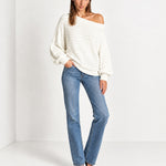 White Off Shoulder Jumper Ribbed Knit Batwing Sweater with Boat Neck