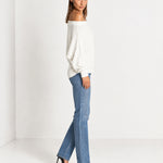 White Off Shoulder Jumper Ribbed Knit Batwing Sweater with Boat Neck