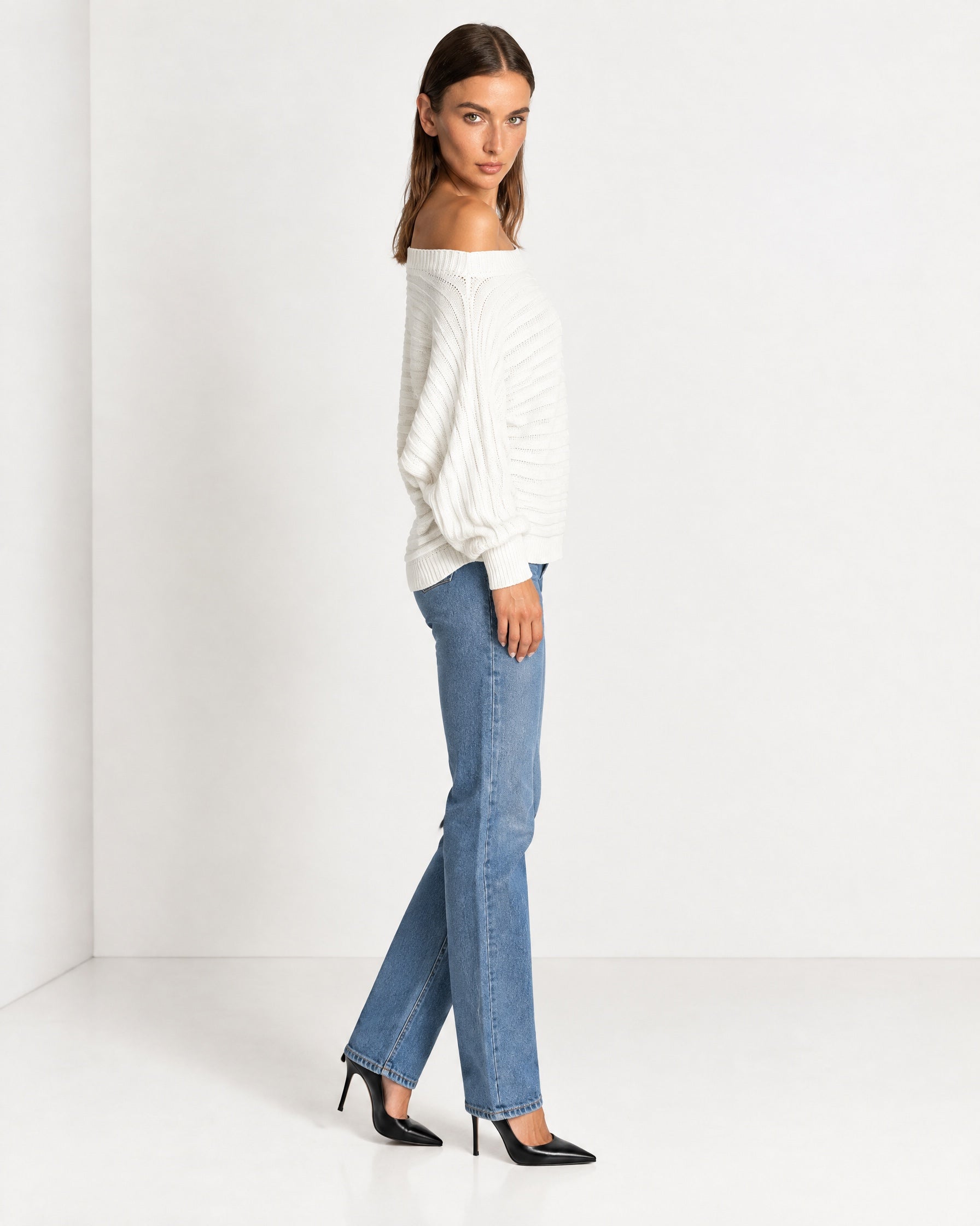 White Off Shoulder Jumper Ribbed Knit Batwing Sweater with Boat Neck