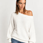 White Off Shoulder Jumper Ribbed Knit Batwing Sweater with Boat Neck