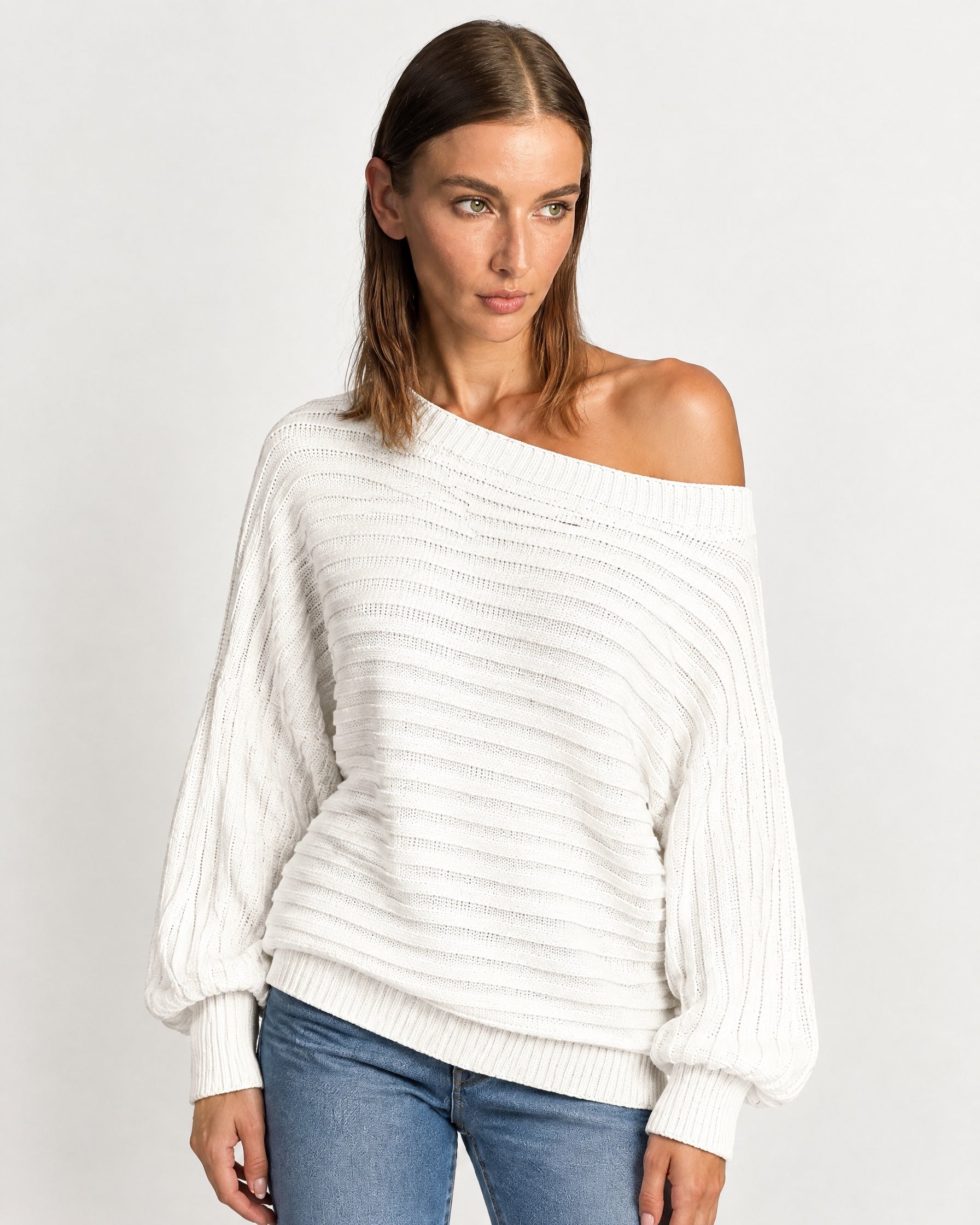White Off Shoulder Jumper Ribbed Knit Batwing Sweater with Boat Neck