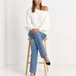 White Off Shoulder Jumper Ribbed Knit Batwing Sweater with Boat Neck