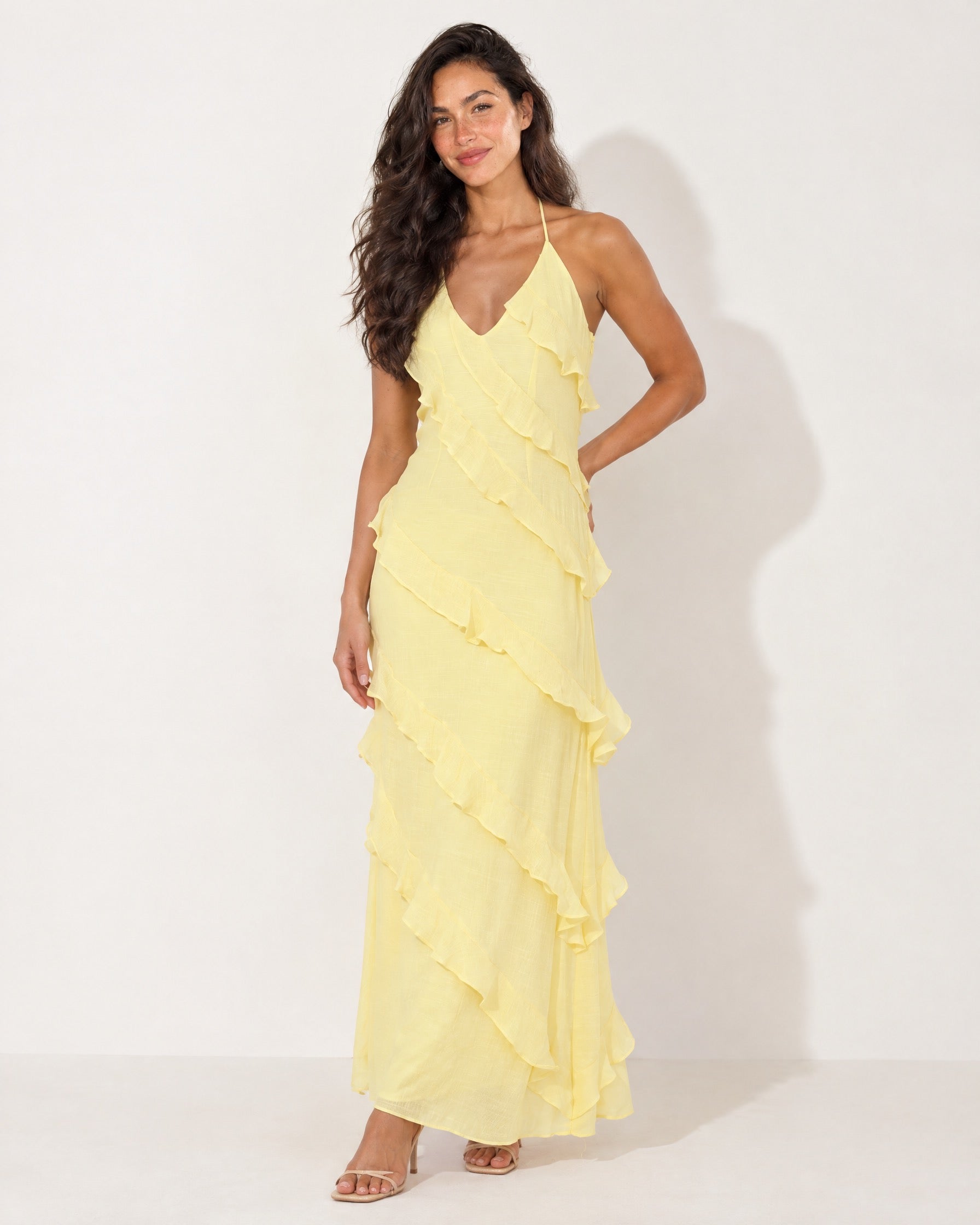 Lemon Ruffle Maxi Dress Halter Neck Tiered