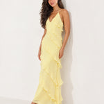 Lemon Ruffle Maxi Dress Halter Neck Tiered