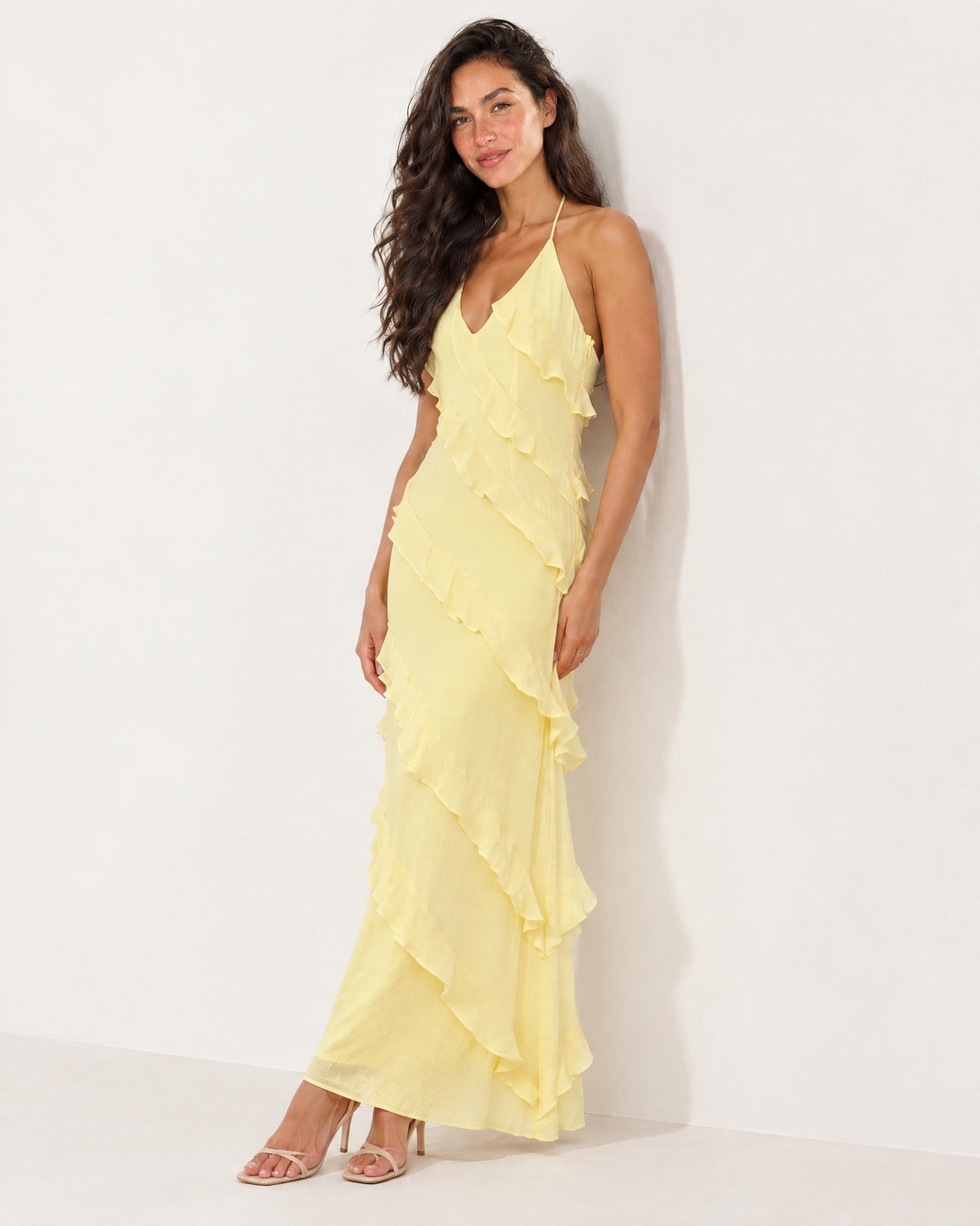 Lemon Ruffle Maxi Dress Halter Neck Tiered