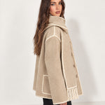 Beige Scarf Coat with Contrast Stitch Trim
