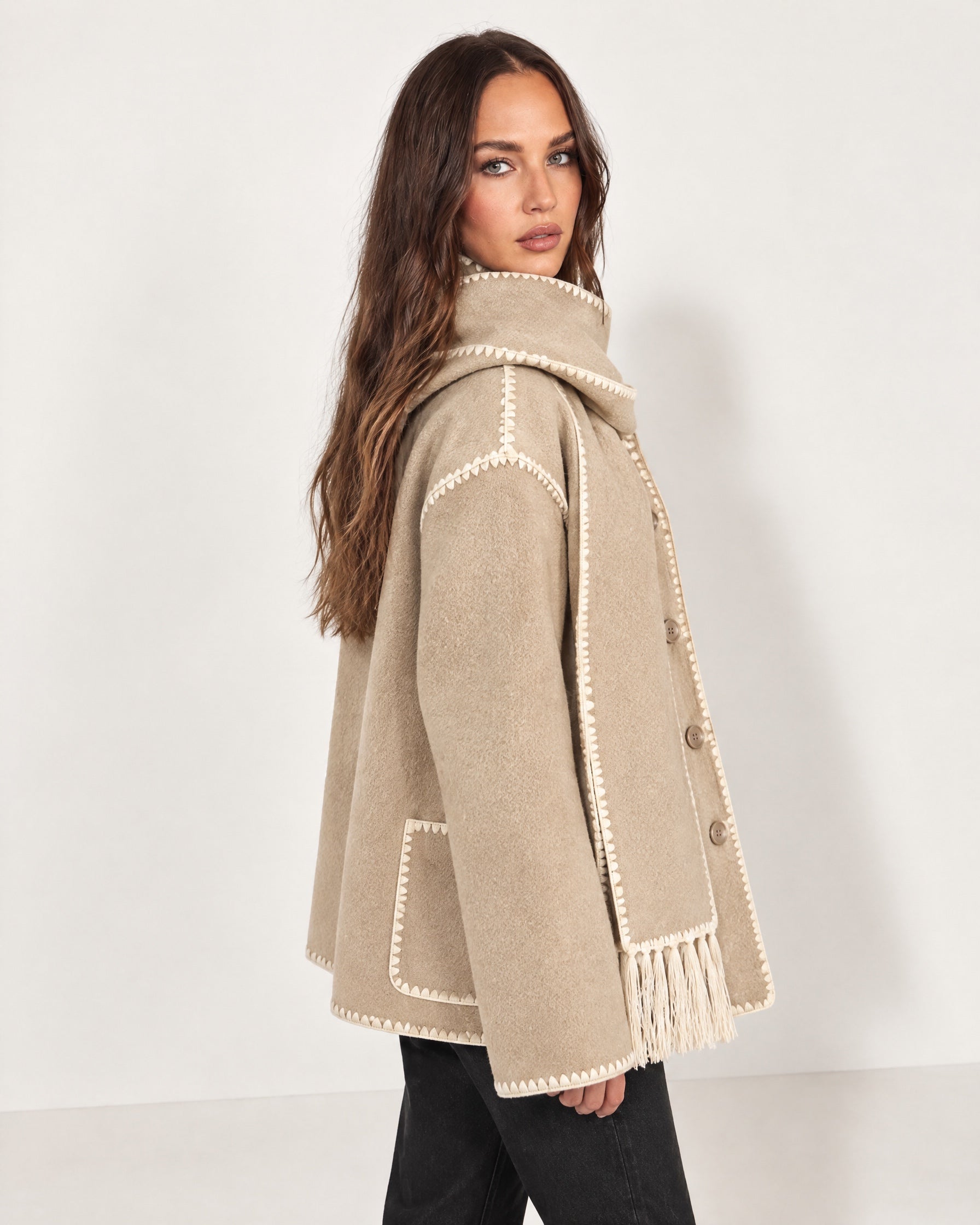 Beige Scarf Coat with Contrast Stitch Trim