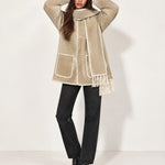 Beige Scarf Coat with Contrast Stitch Trim