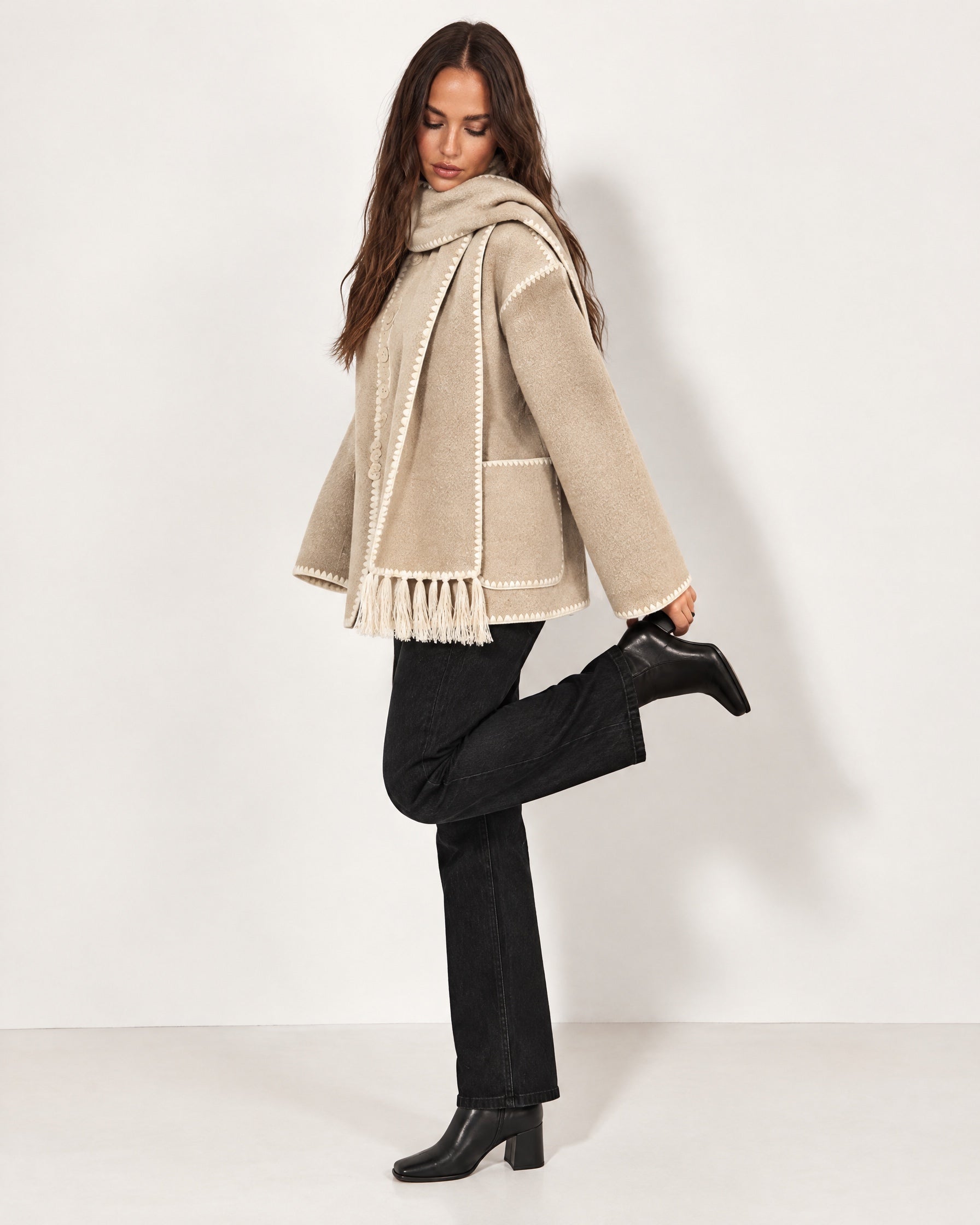 Beige Scarf Coat with Contrast Stitch Trim