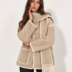 Beige Scarf Coat with Contrast Stitch Trim