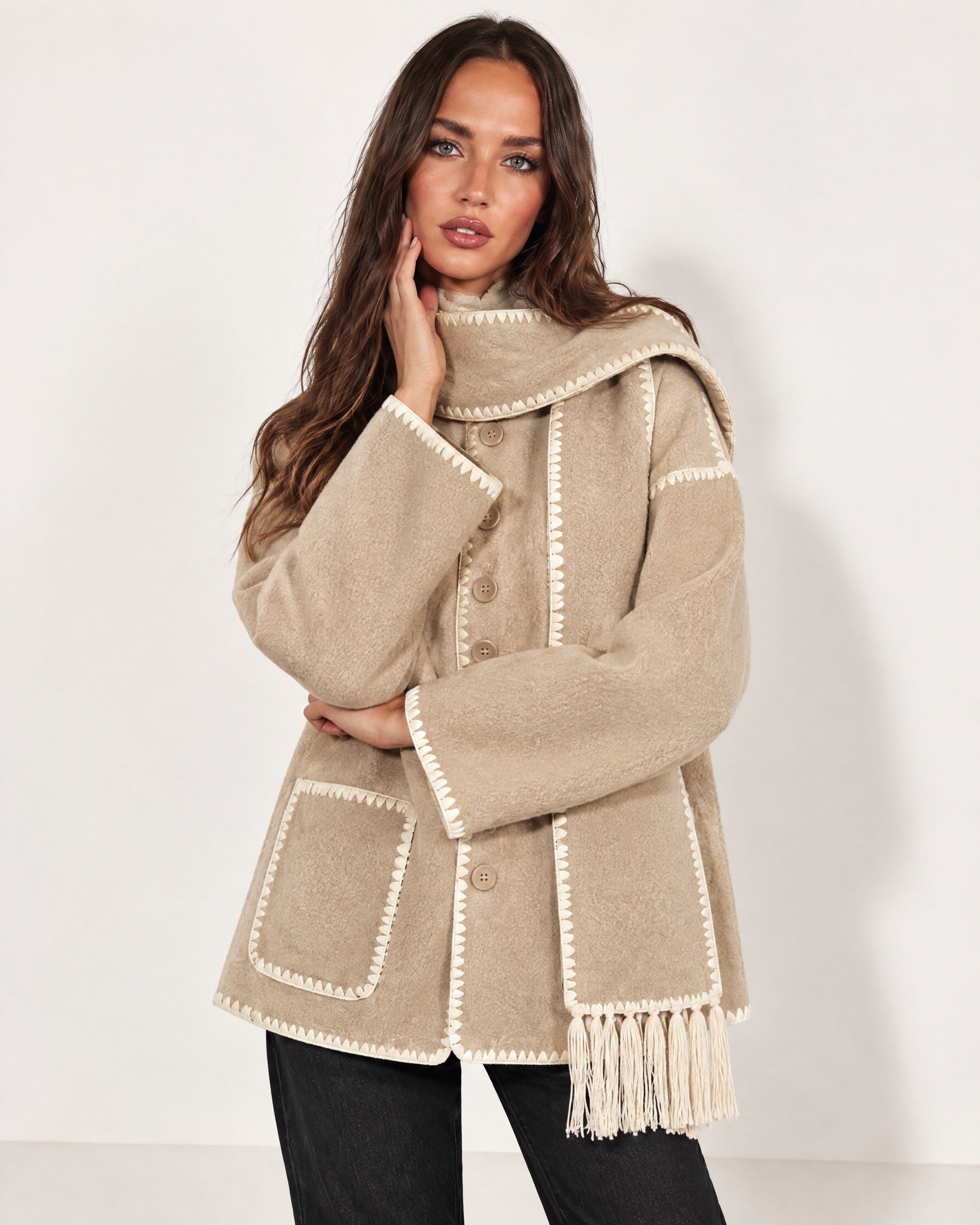 Beige Scarf Coat with Contrast Stitch Trim