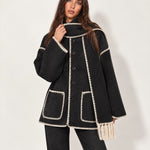 Black Scarf Coat with Contrast Stitch Trim