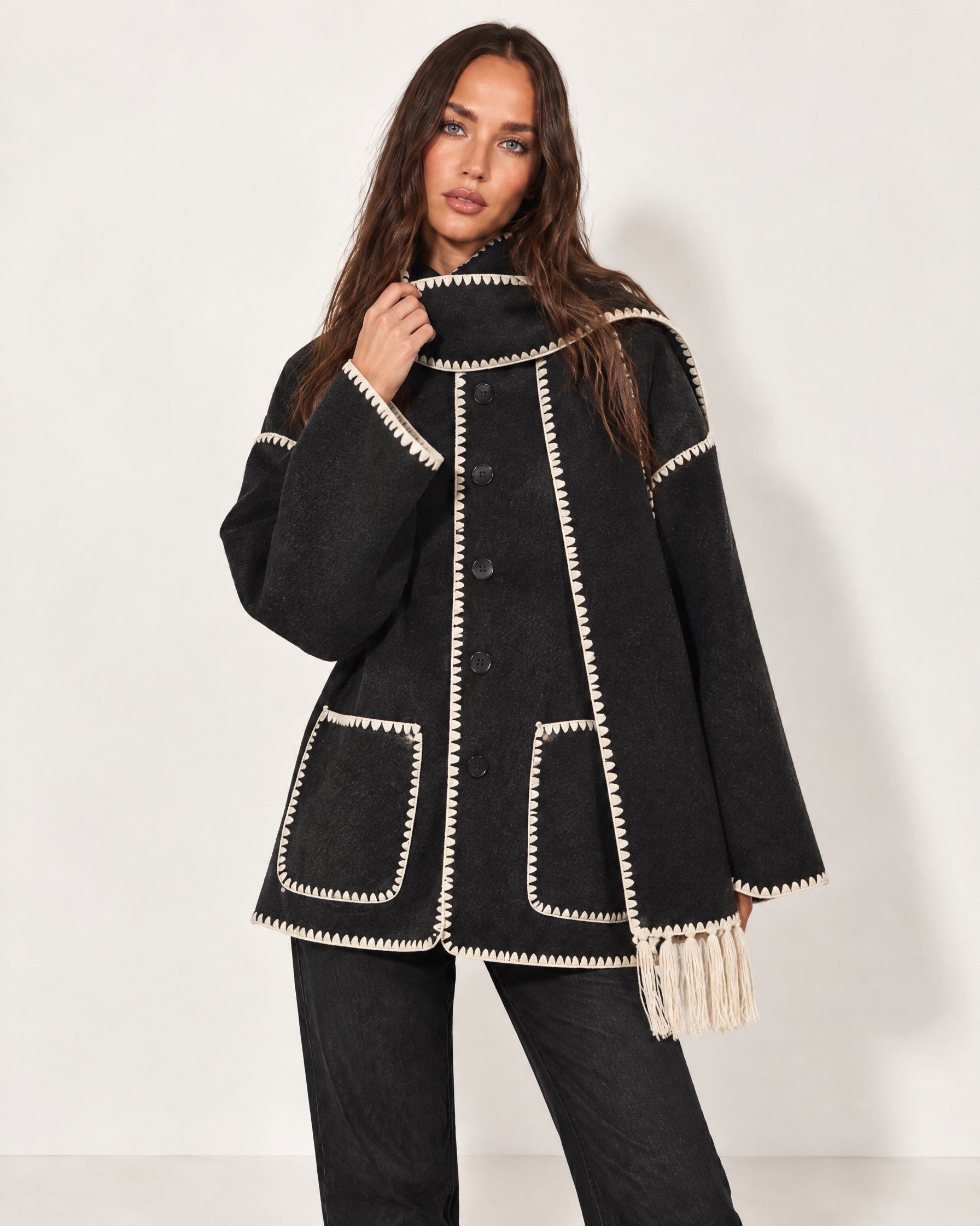 Black Scarf Coat with Contrast Stitch Trim
