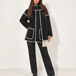 Black Scarf Coat with Contrast Stitch Trim