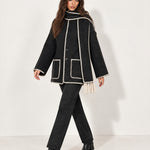 Black Scarf Coat with Contrast Stitch Trim