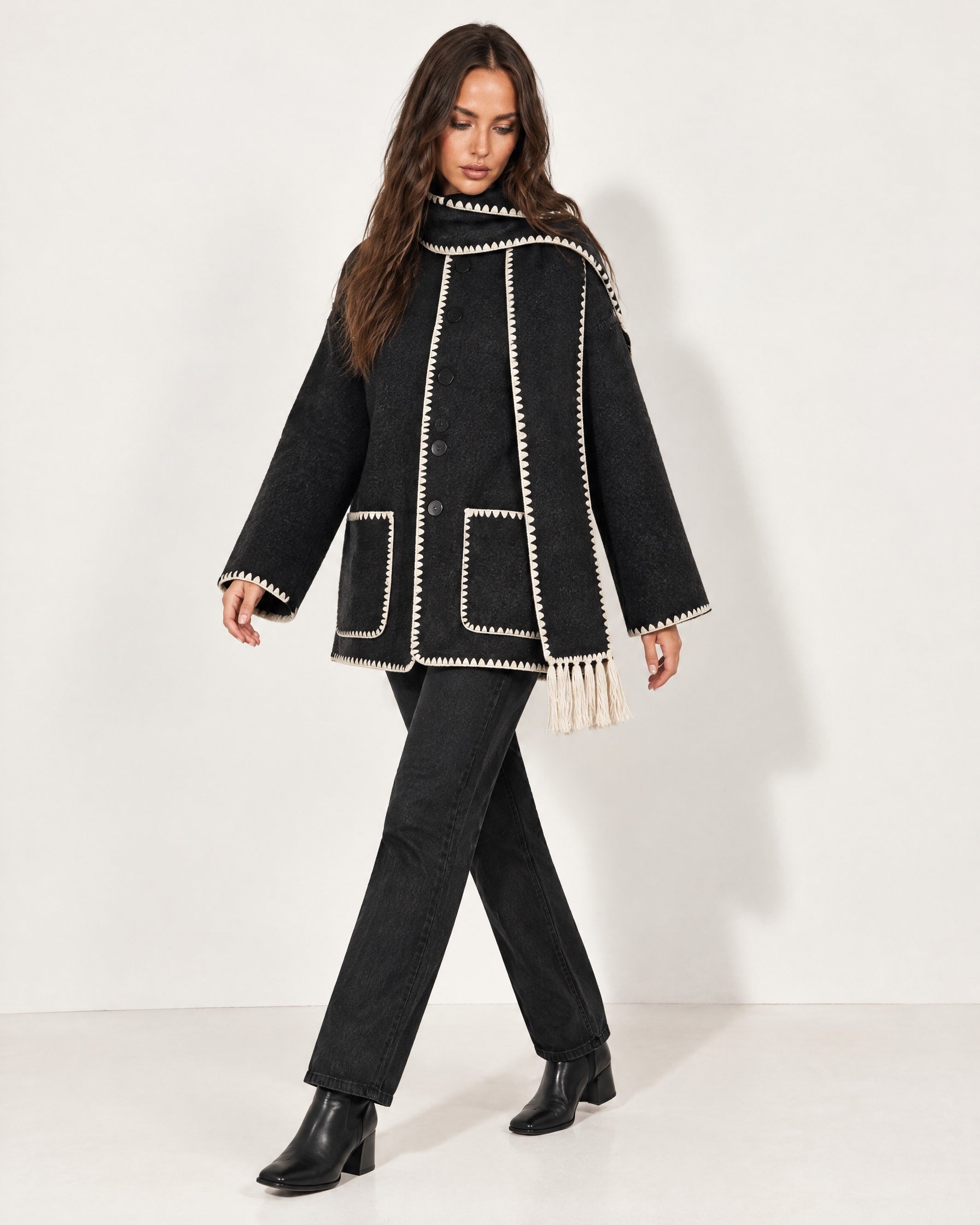 Black Scarf Coat with Contrast Stitch Trim