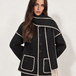 Black Scarf Coat with Contrast Stitch Trim