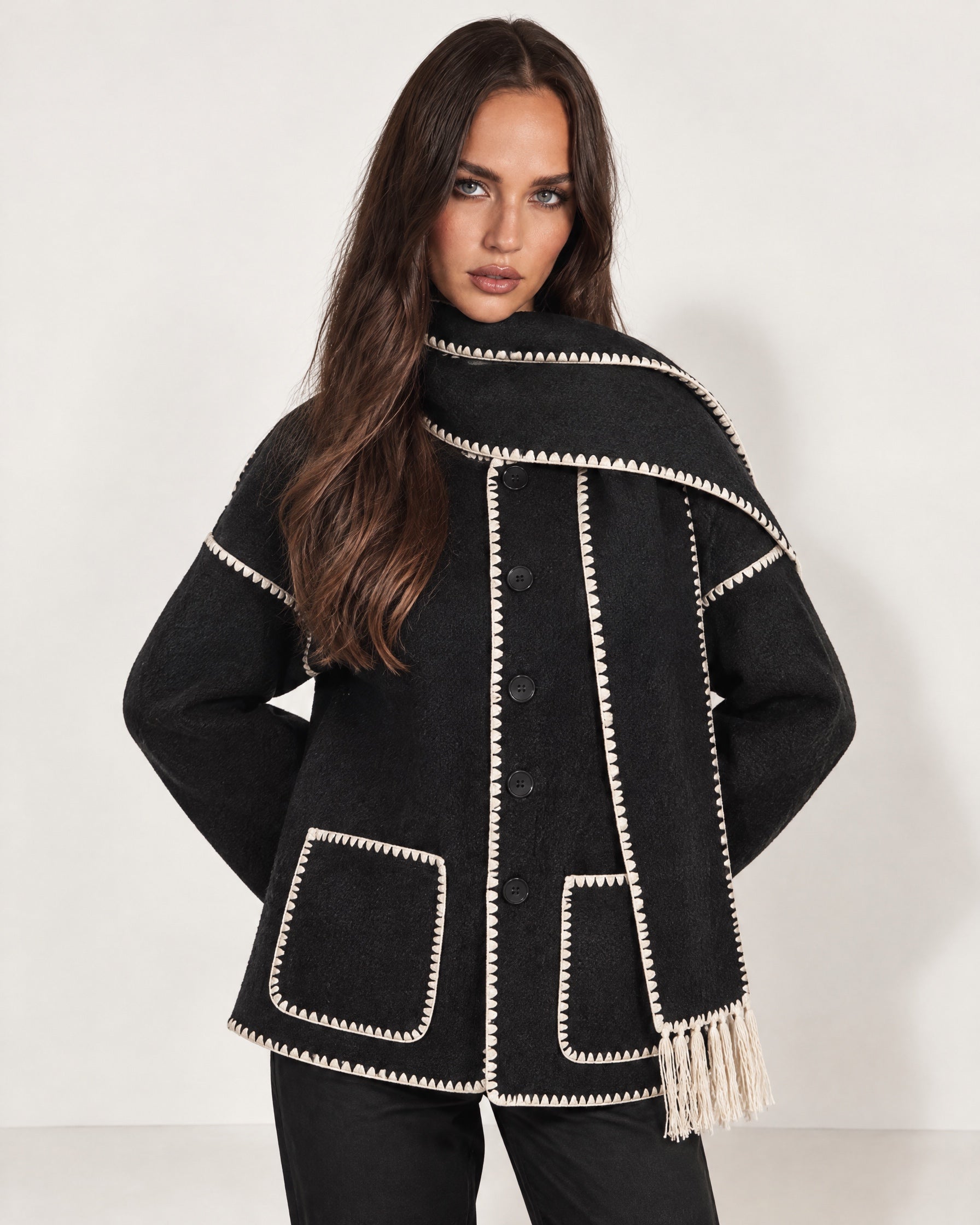 Black Scarf Coat with Contrast Stitch Trim