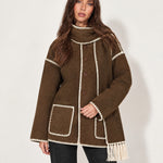 Brown Scarf Coat with Contrast Stitch Trim