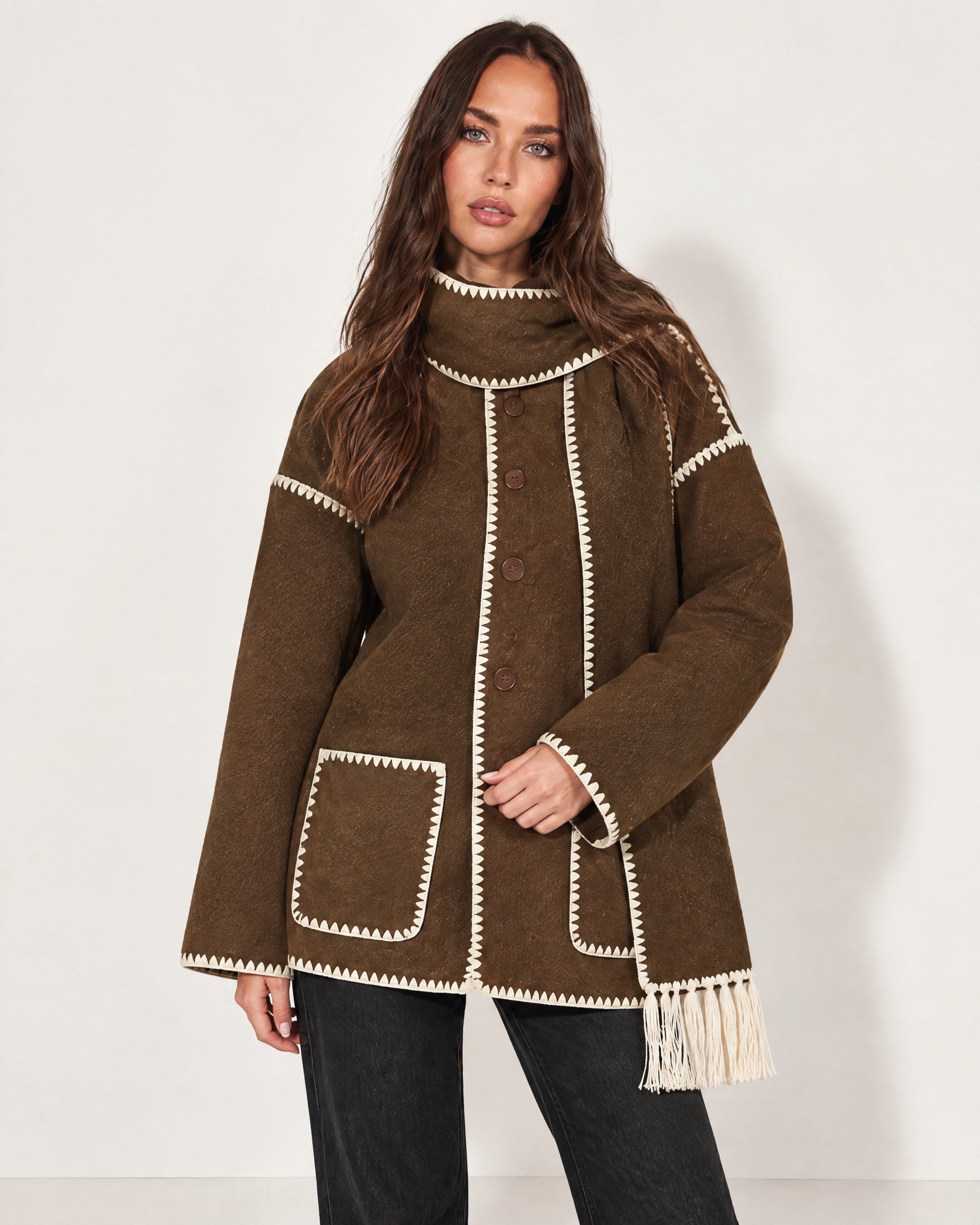 Brown Scarf Coat with Contrast Stitch Trim