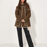 Brown Scarf Coat with Contrast Stitch Trim