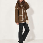 Brown Scarf Coat with Contrast Stitch Trim