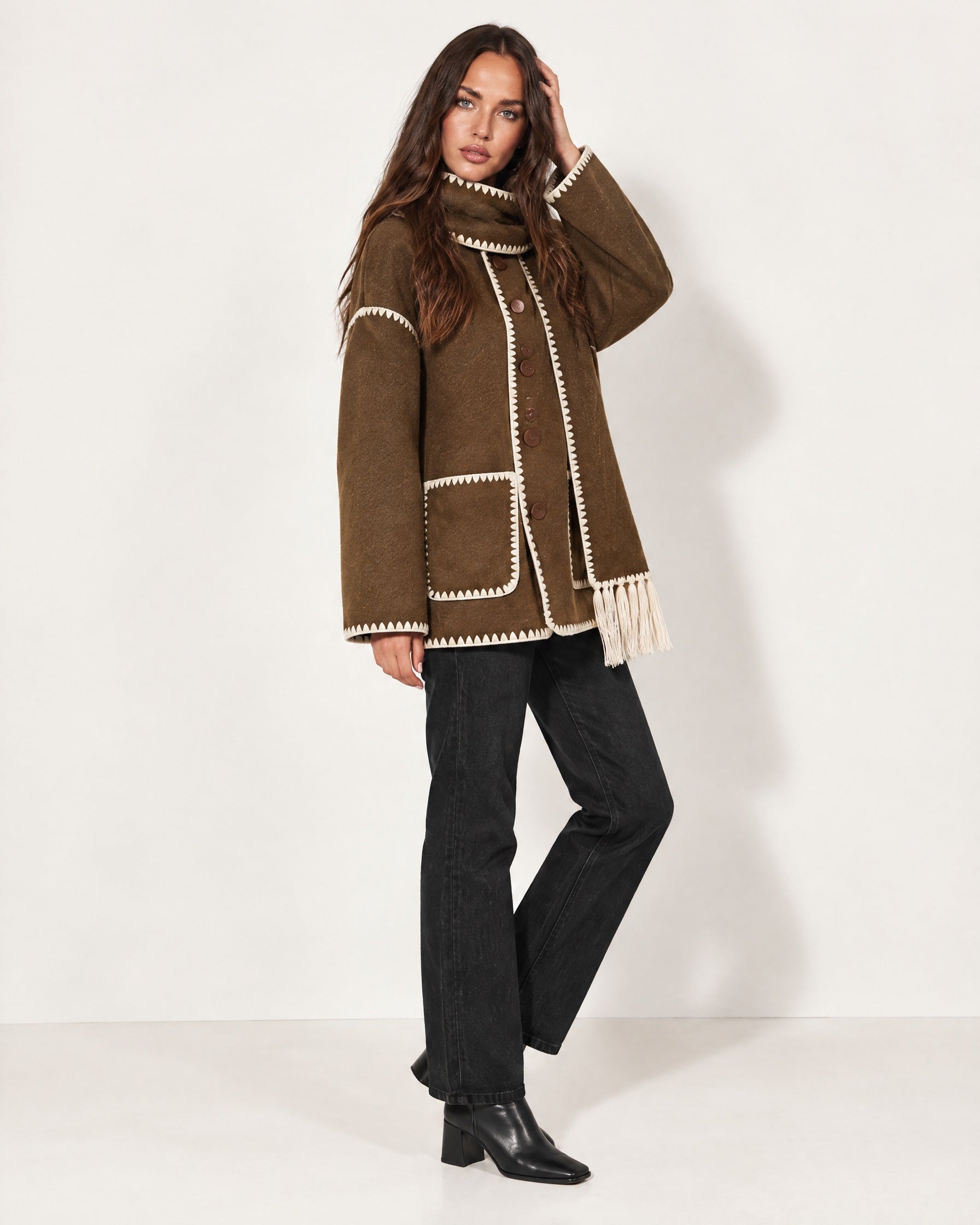 Brown Scarf Coat with Contrast Stitch Trim