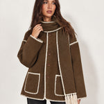 Brown Scarf Coat with Contrast Stitch Trim