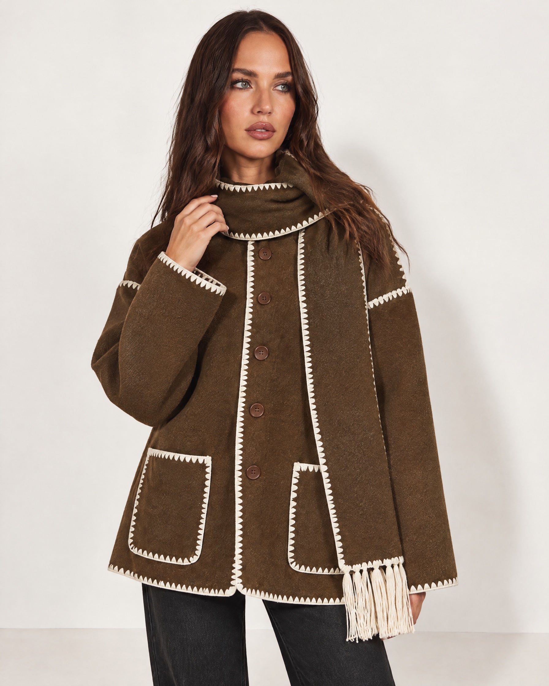 Brown Scarf Coat with Contrast Stitch Trim