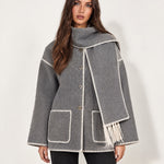 Grey Scarf Coat with Contrast Stitch Trim