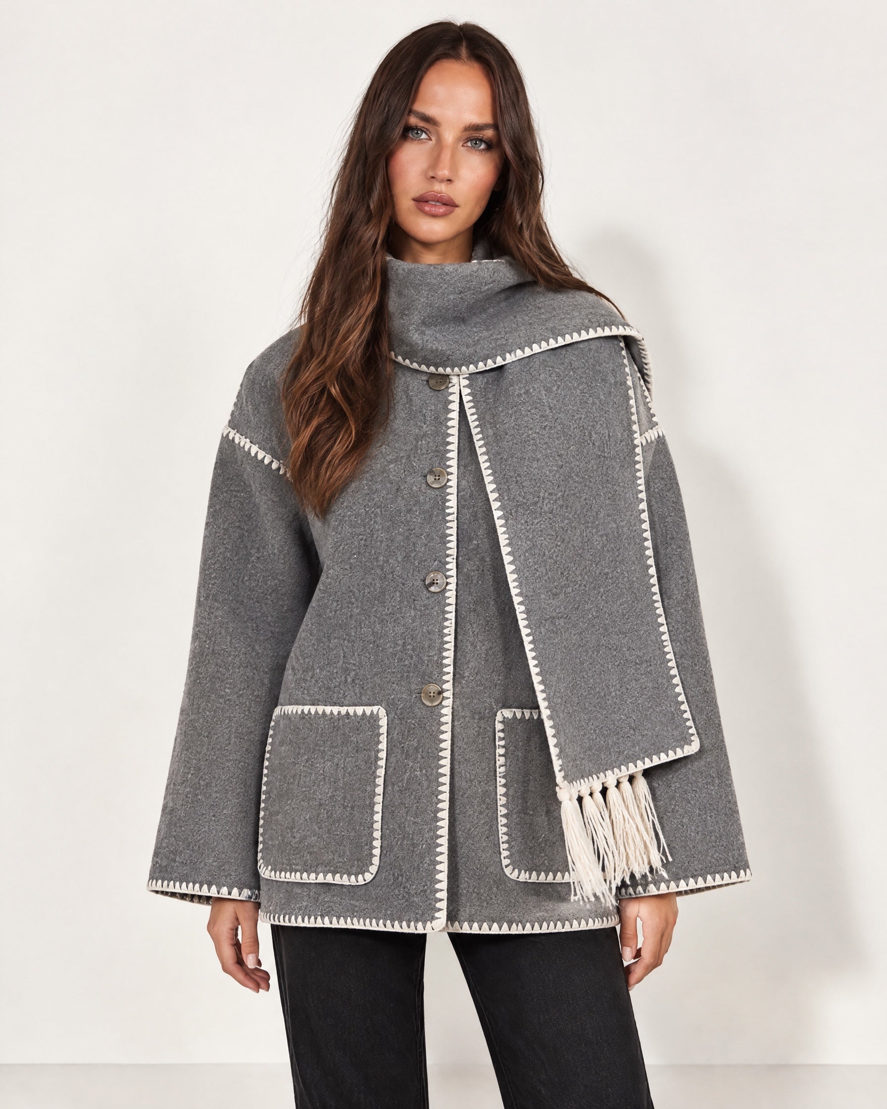 Grey Scarf Coat with Contrast Stitch Trim