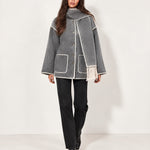 Grey Scarf Coat with Contrast Stitch Trim